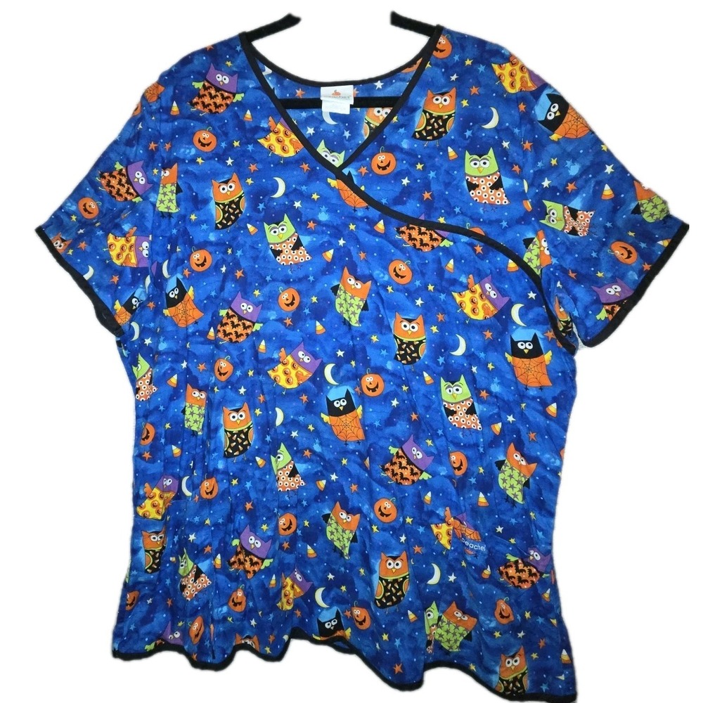 Peaches Womens 3XL Scrubs Top Blue Halloween Owls Print 100% Cotton Medical Vet